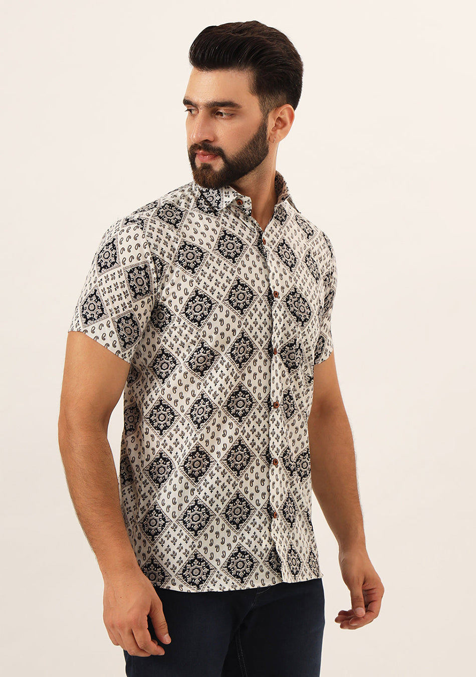 White Geometric Pure Cotton Regular Fit Casual Shirt