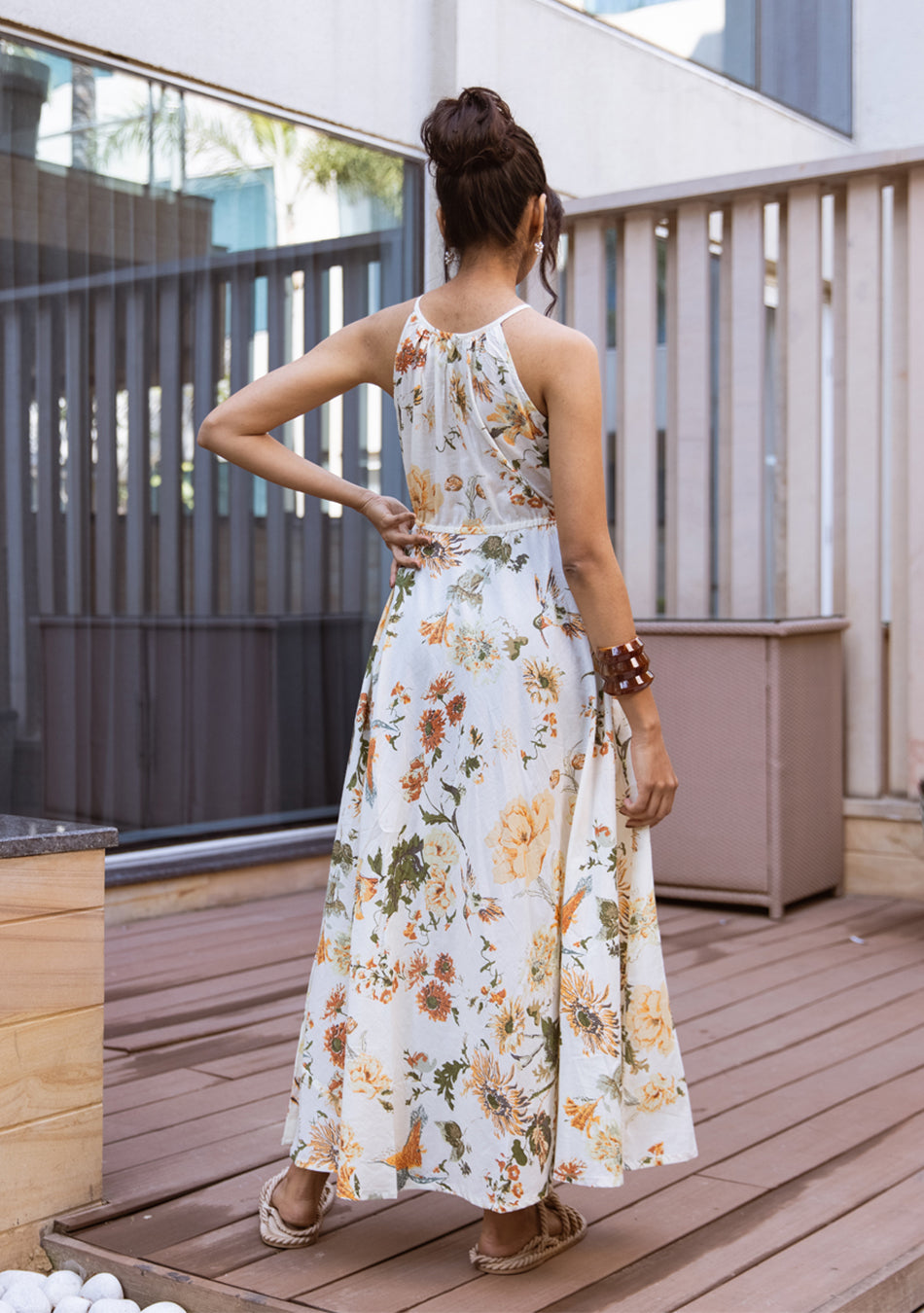 Ivory Botanical Halter Maxi Dress