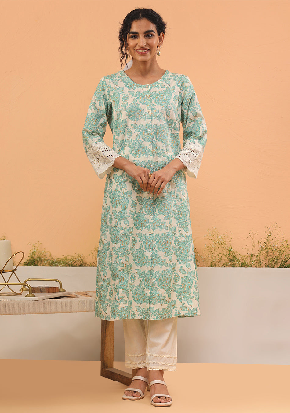 Teal Floral A-Line Flex Kurta