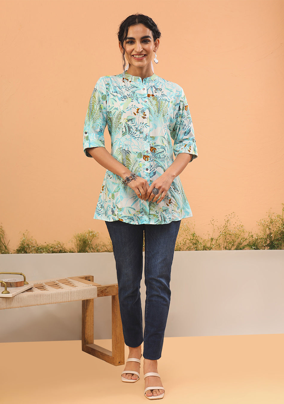 Aqua Green Tropical Print  Top