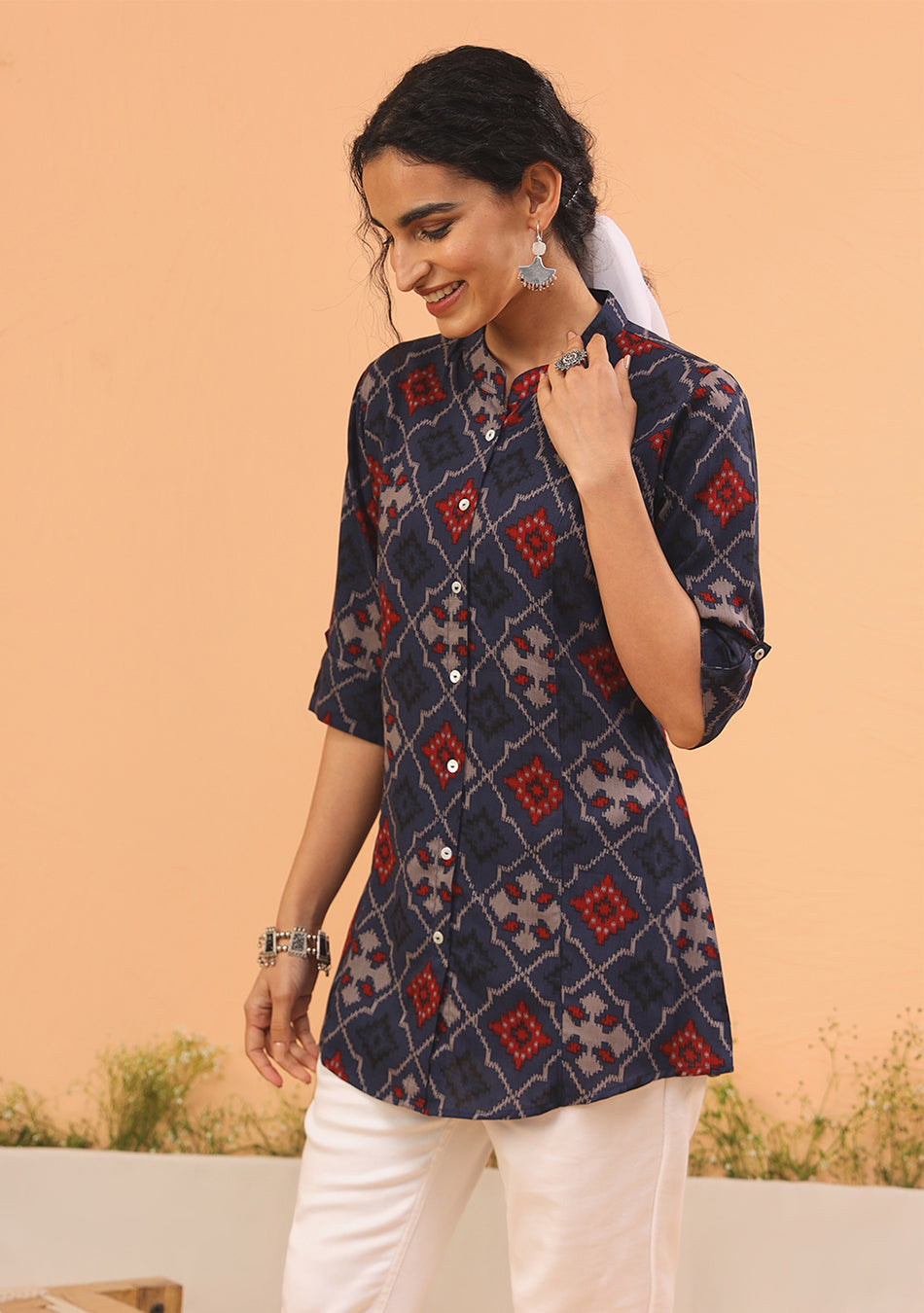 Blue Geometric Printed Rayon Top