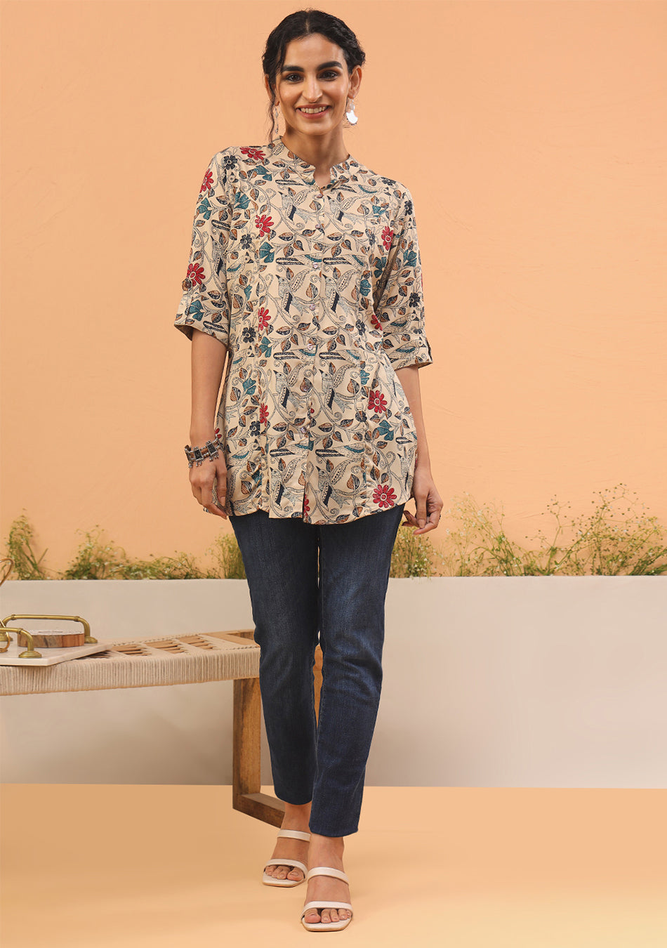 Multi-Floral Beige Rayon A-Line Shirt-Style Top