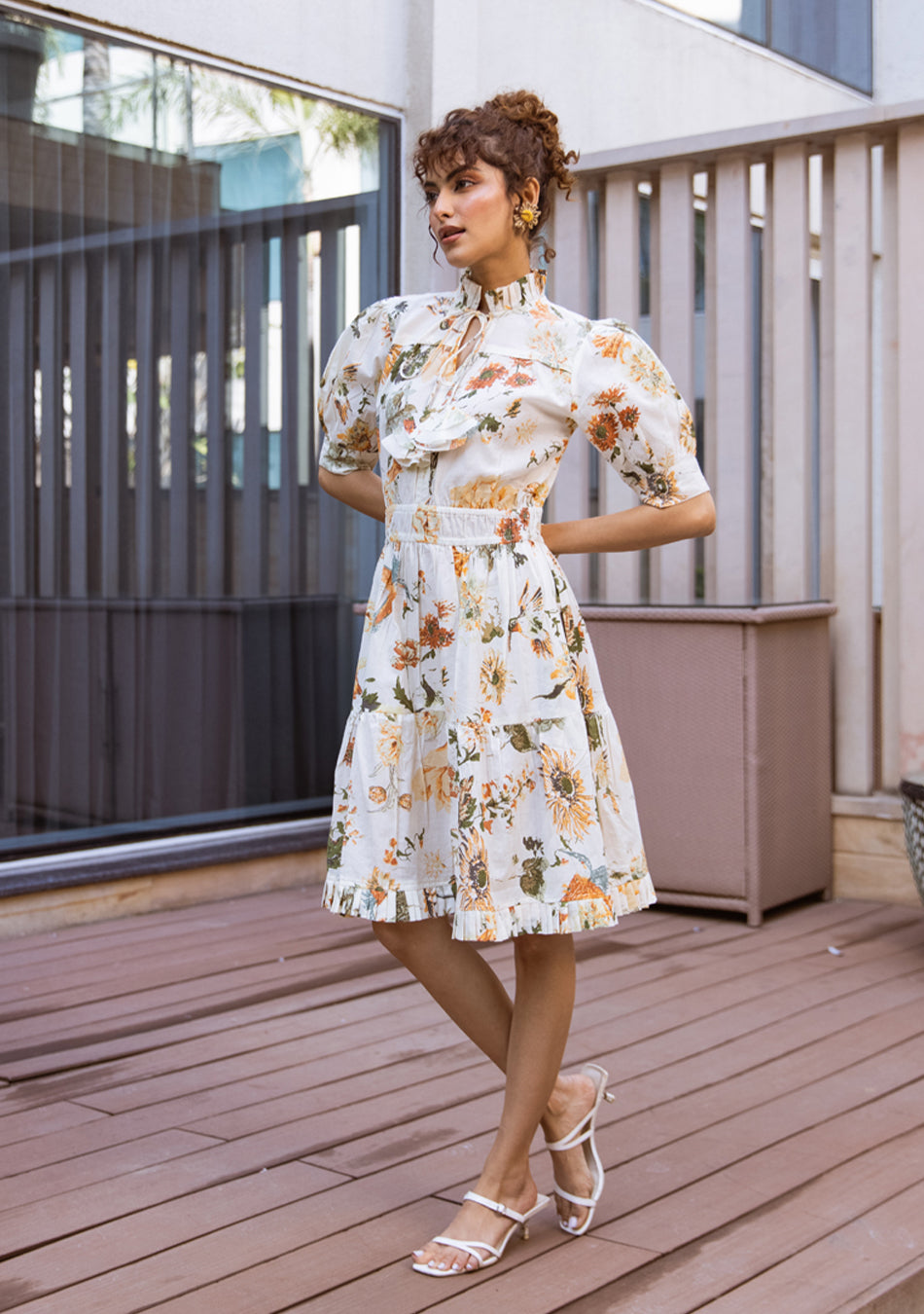 Ivory Botanical Ruffle Midi Dress