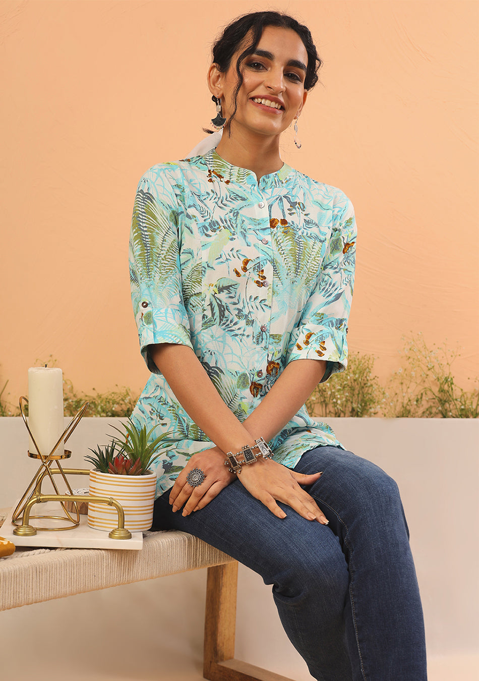 Aqua Green Tropical Print  Top