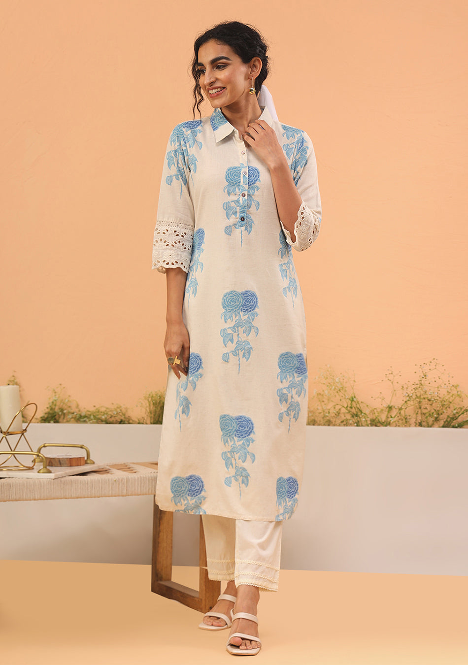 Blue floral Cotton Flex Kurta