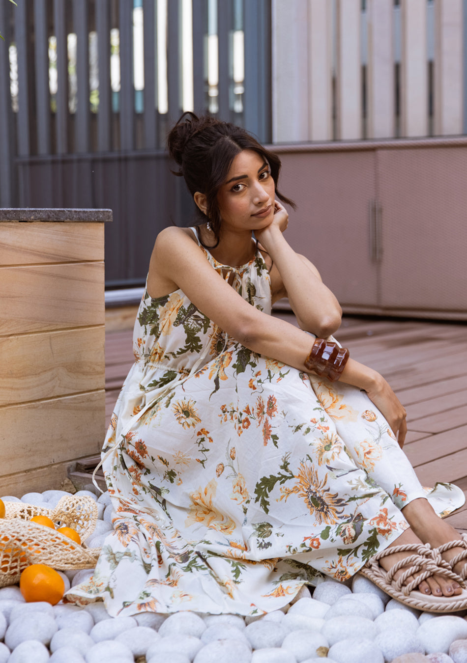 Ivory Botanical Halter Maxi Dress