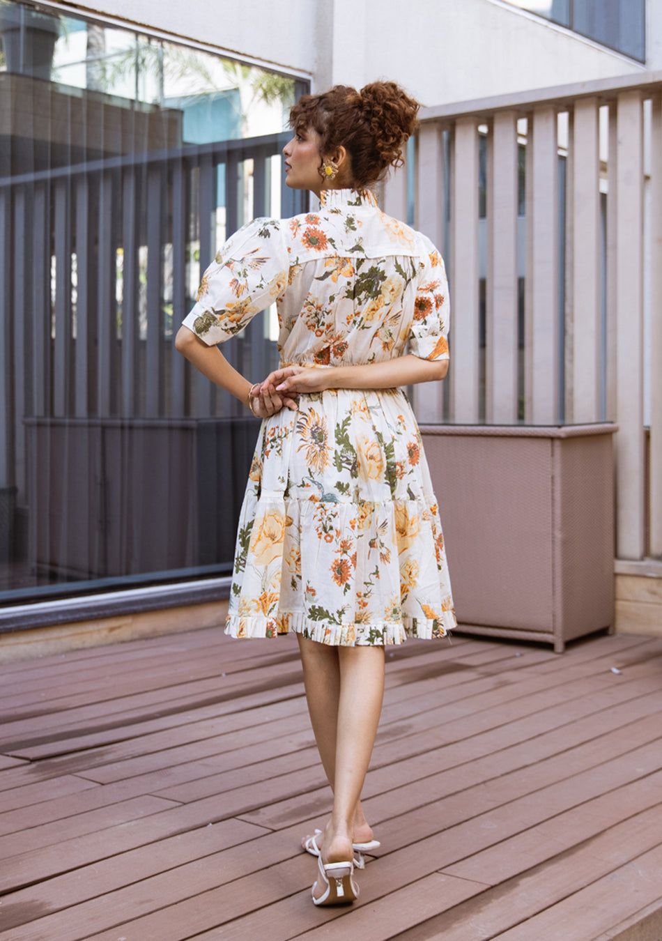 Ivory Botanical Ruffle Midi Dress