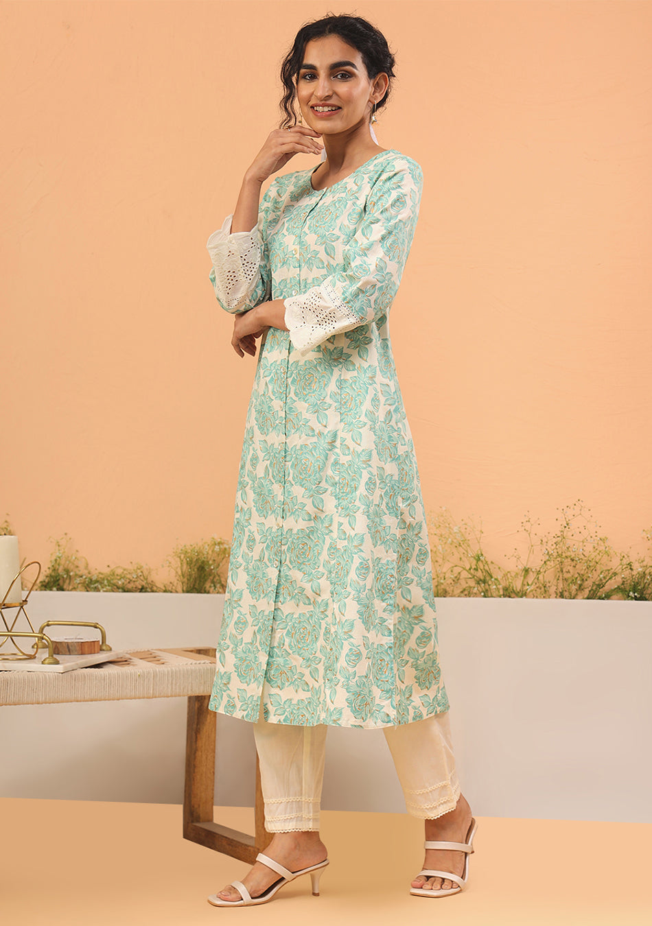 Teal Floral A-Line Flex Kurta