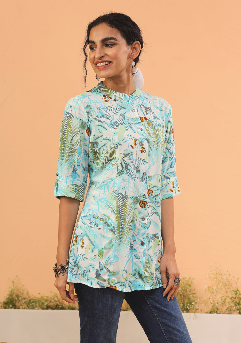 Aqua Green Tropical Print  Top