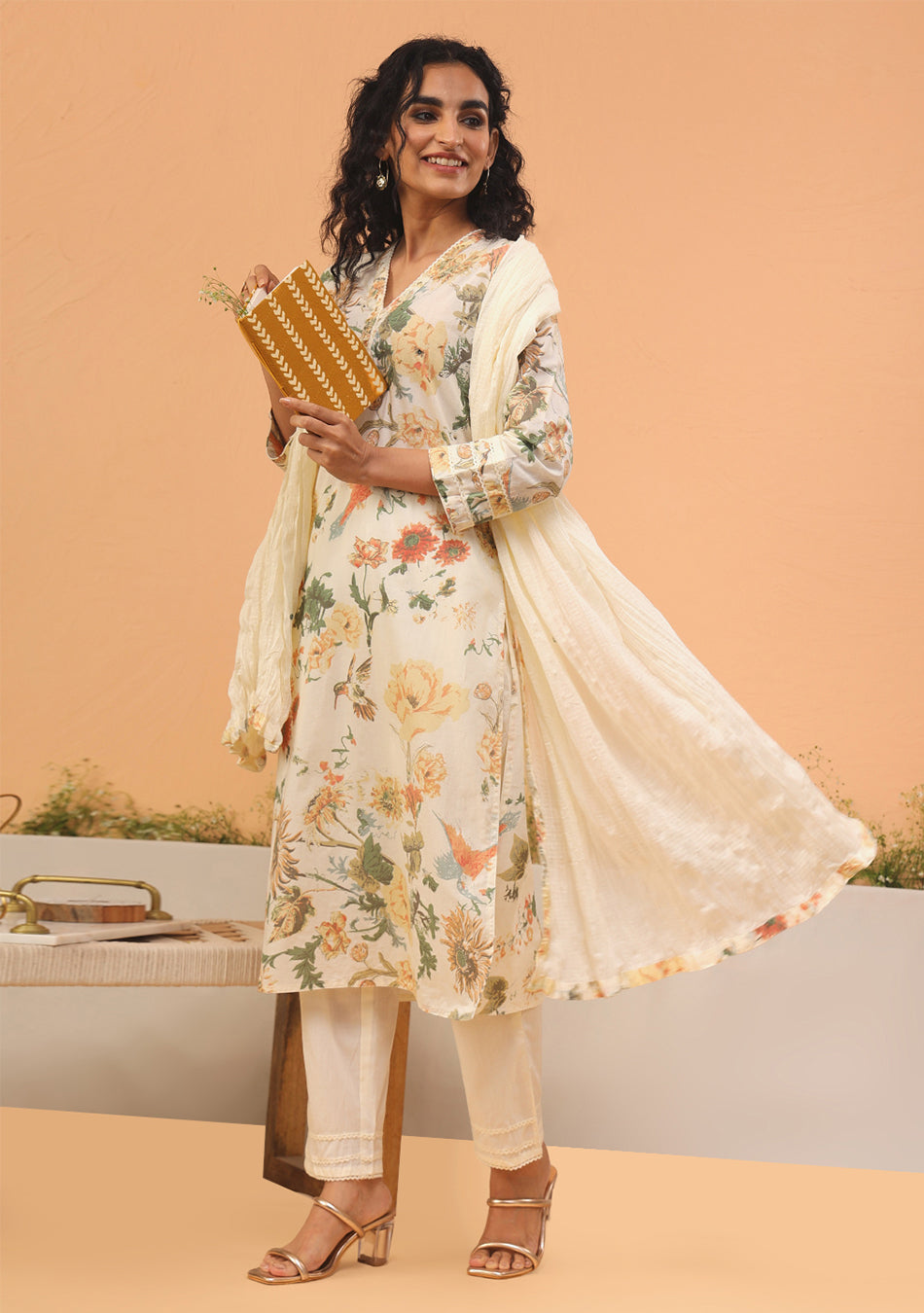 Cream Floral Printed Straight Cotton Kurta Set