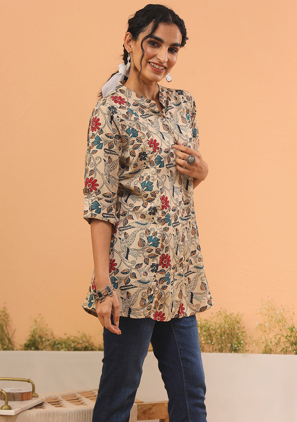 Multi-Floral Beige Rayon A-Line Shirt-Style Top