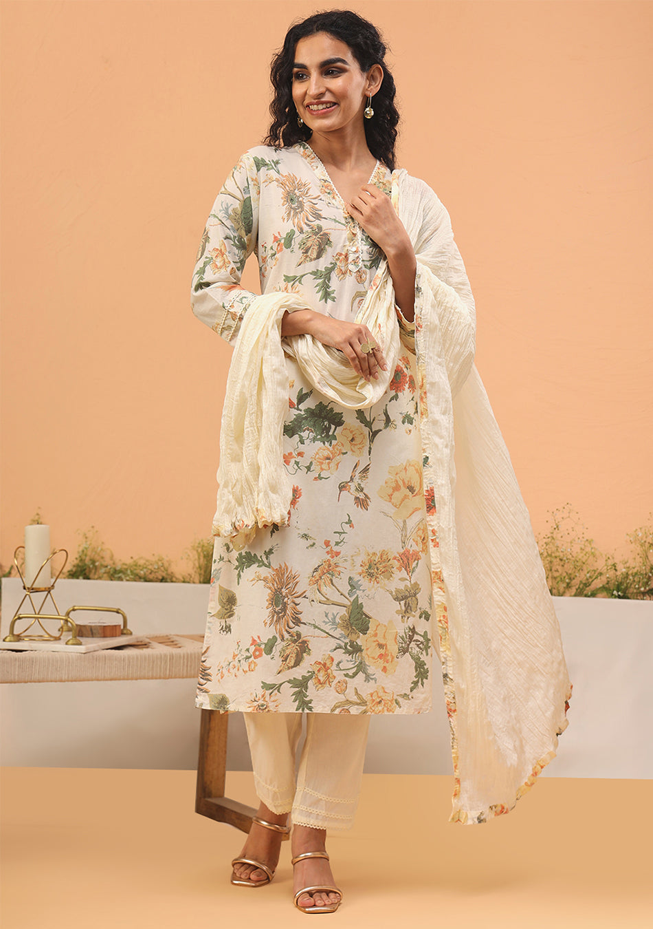 Cream Floral Printed Straight Cotton Kurta Set