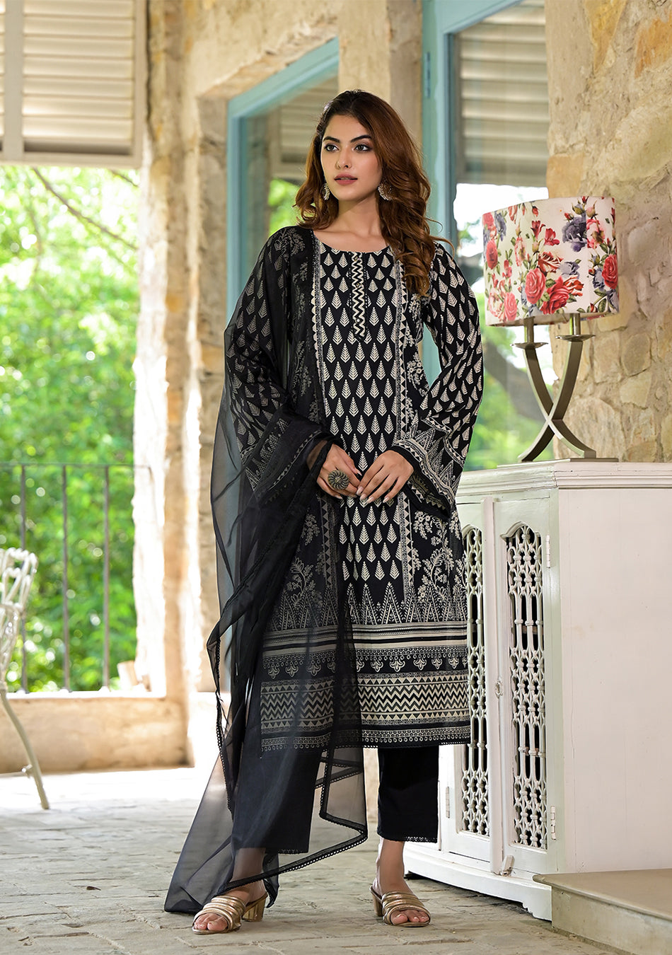 Black Cotton Straight Fit Knee Long Kurta Set for Women