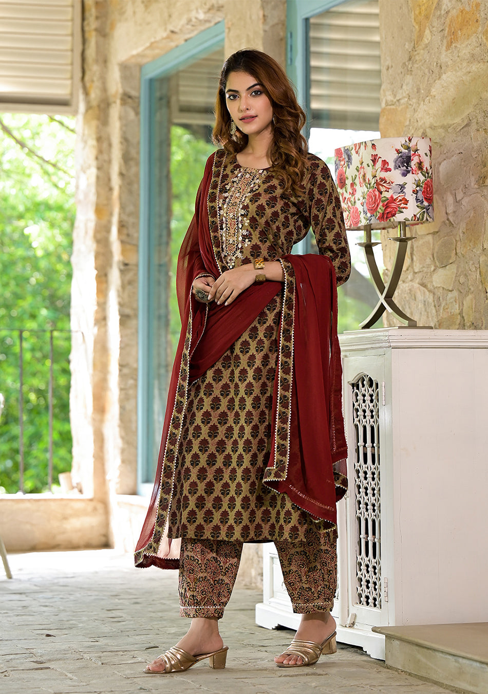 Brown Straight fit Zardozi Work Knee Long Cotton Kurta Set for women