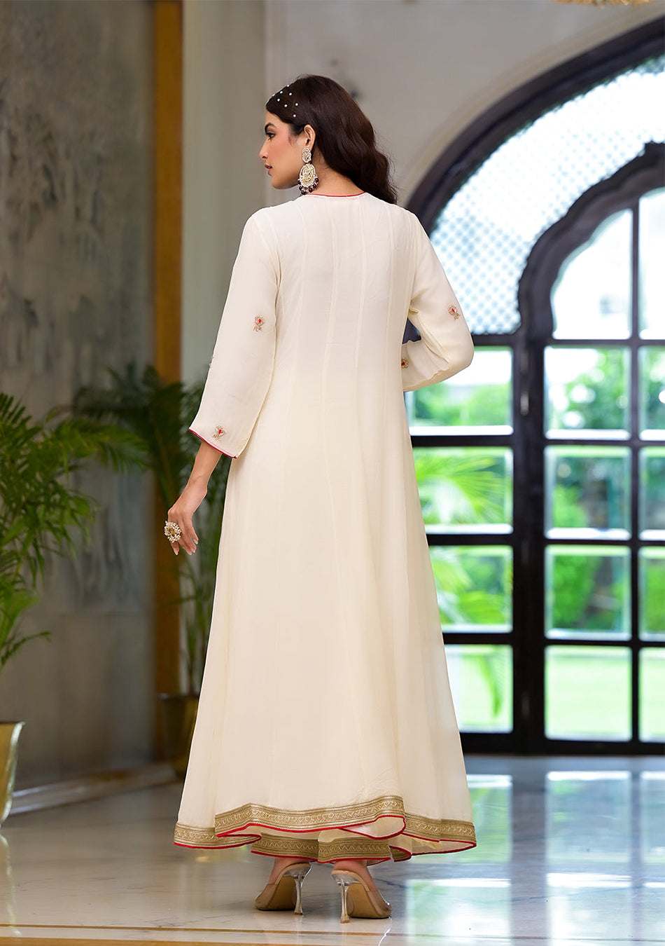 Cream Embroidered Zari Work Georgette  Kurta Set