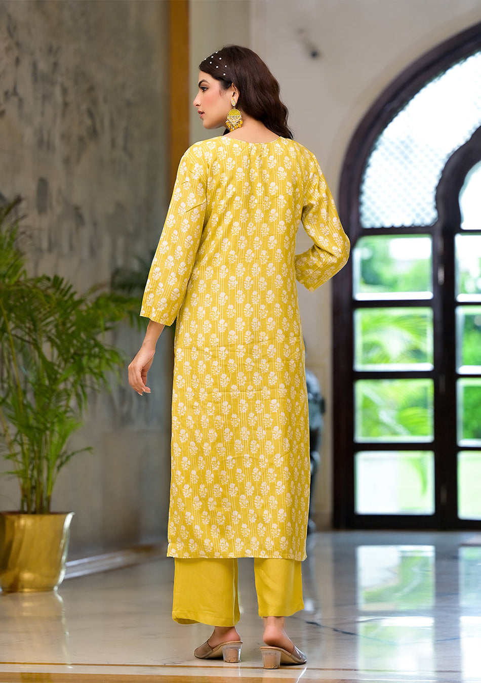 Yellow Printed Muslin Straight Kurta & Trouser with Dupatta