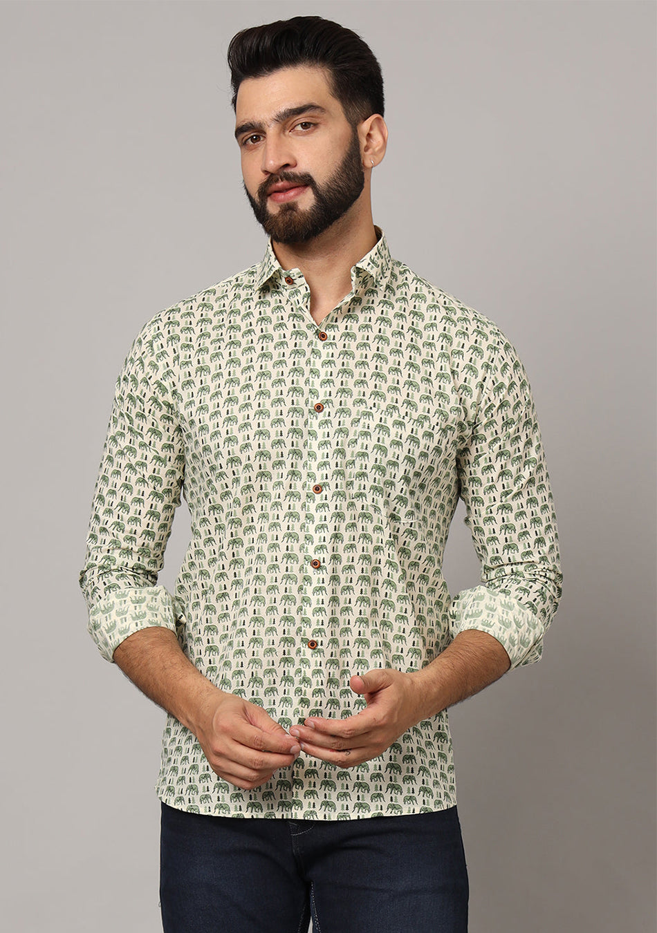 Green Ethnic Motif Pure Cotton Regular Fit Casual Shirt