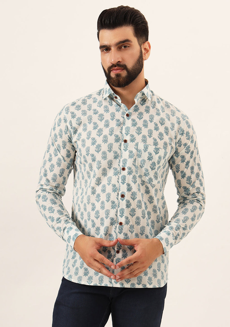 White Floral Print Pure Cotton Regular Fit Casual Shirt