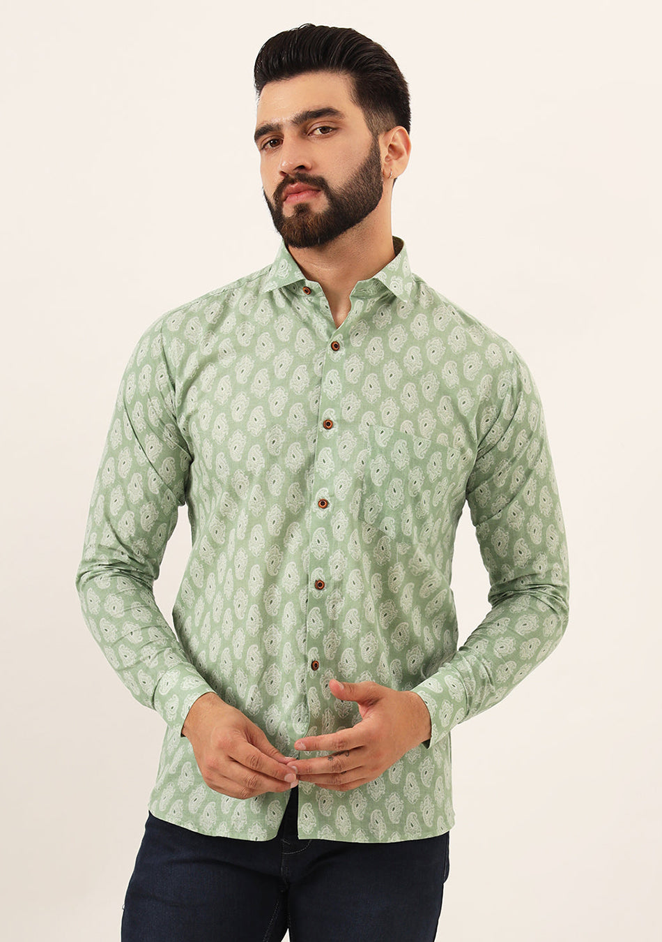 Green Paisley Print Pure Cotton Regular Fit Casual Shirt