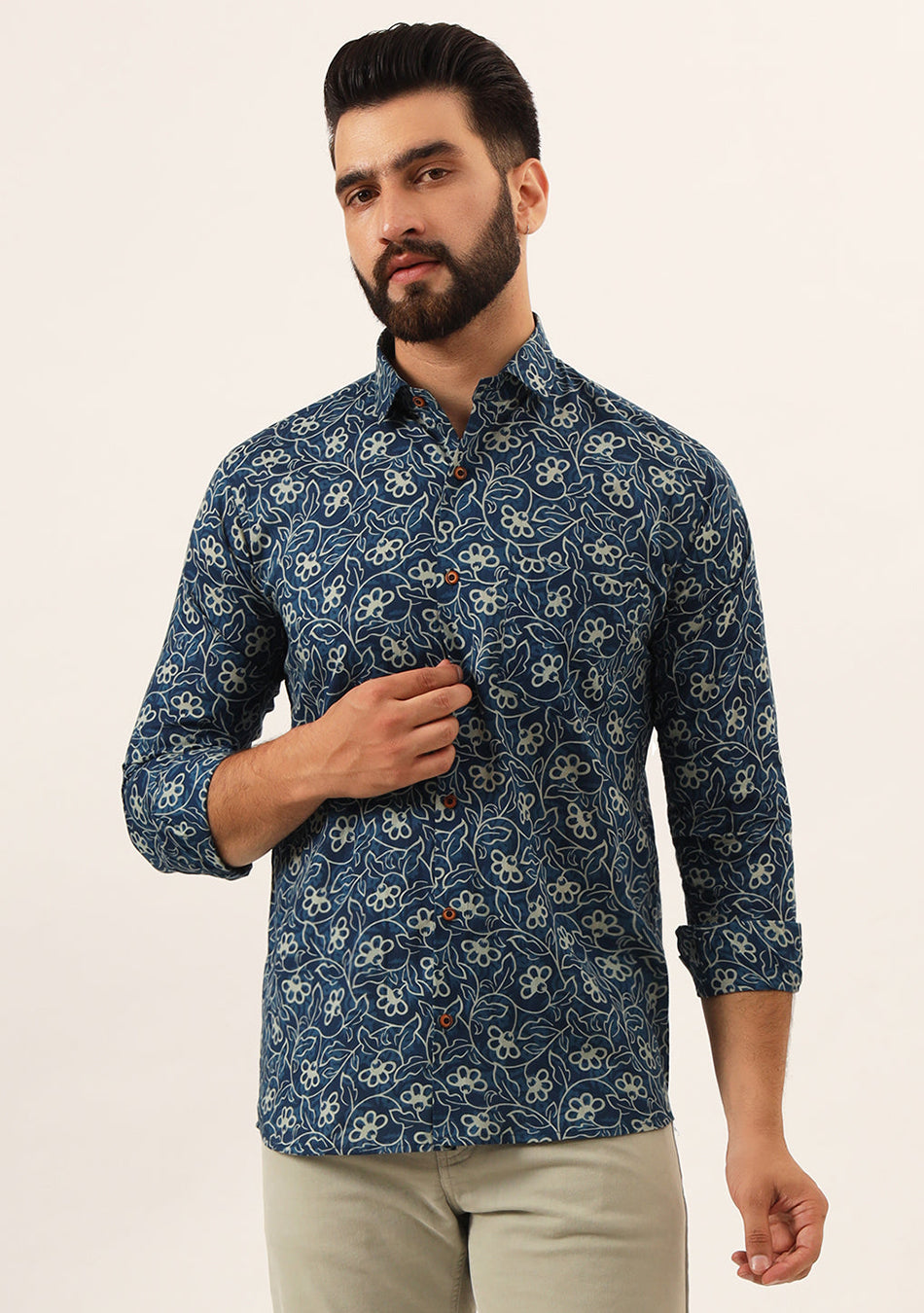 Blue Floral Print Pure Cotton Regular Fit Casual Shirt