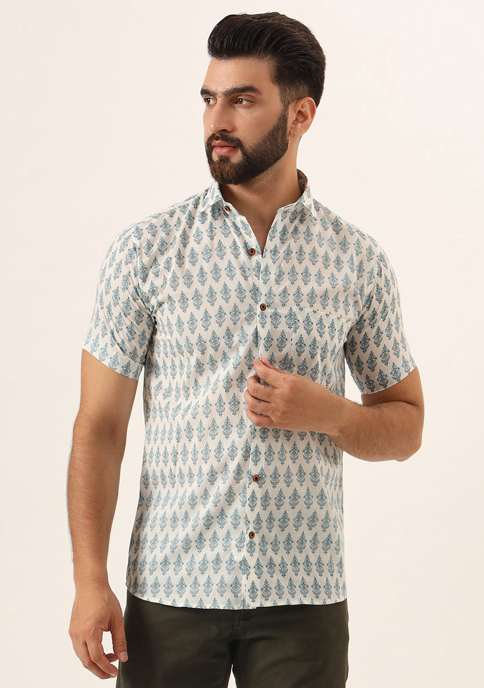 Sky Blue Geometric Pure Cotton Regular Fit Casual Shirt for Men