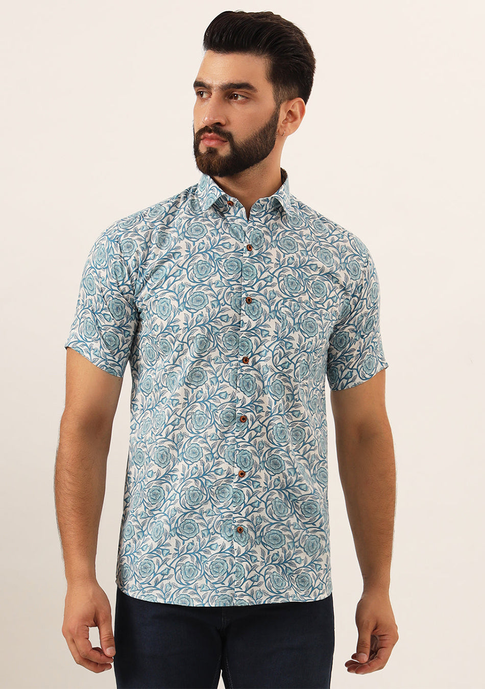 Sky Blue Floral Print Pure Cotton Regular Fit Casual Shirt