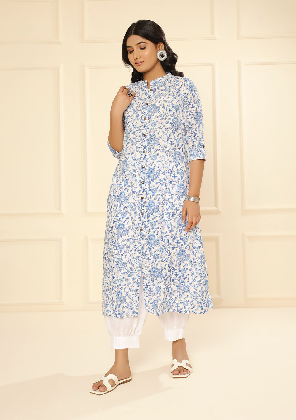 Hand block White Blue Floral Print Kurta