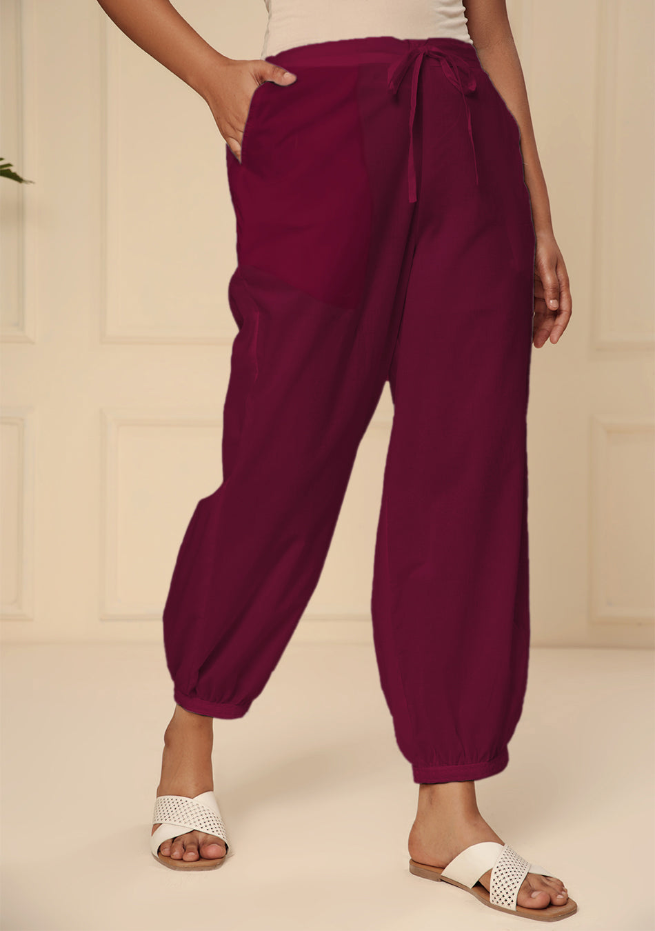 MAROON EMBROIDERED LACE CUFF PANT