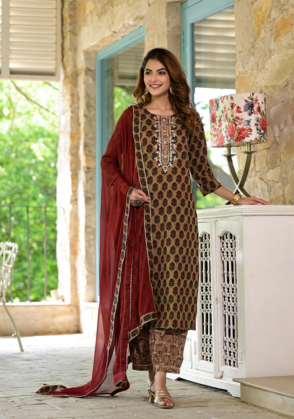 Brown Straight fit Zardozi Work Knee Long Cotton Kurta Set for women