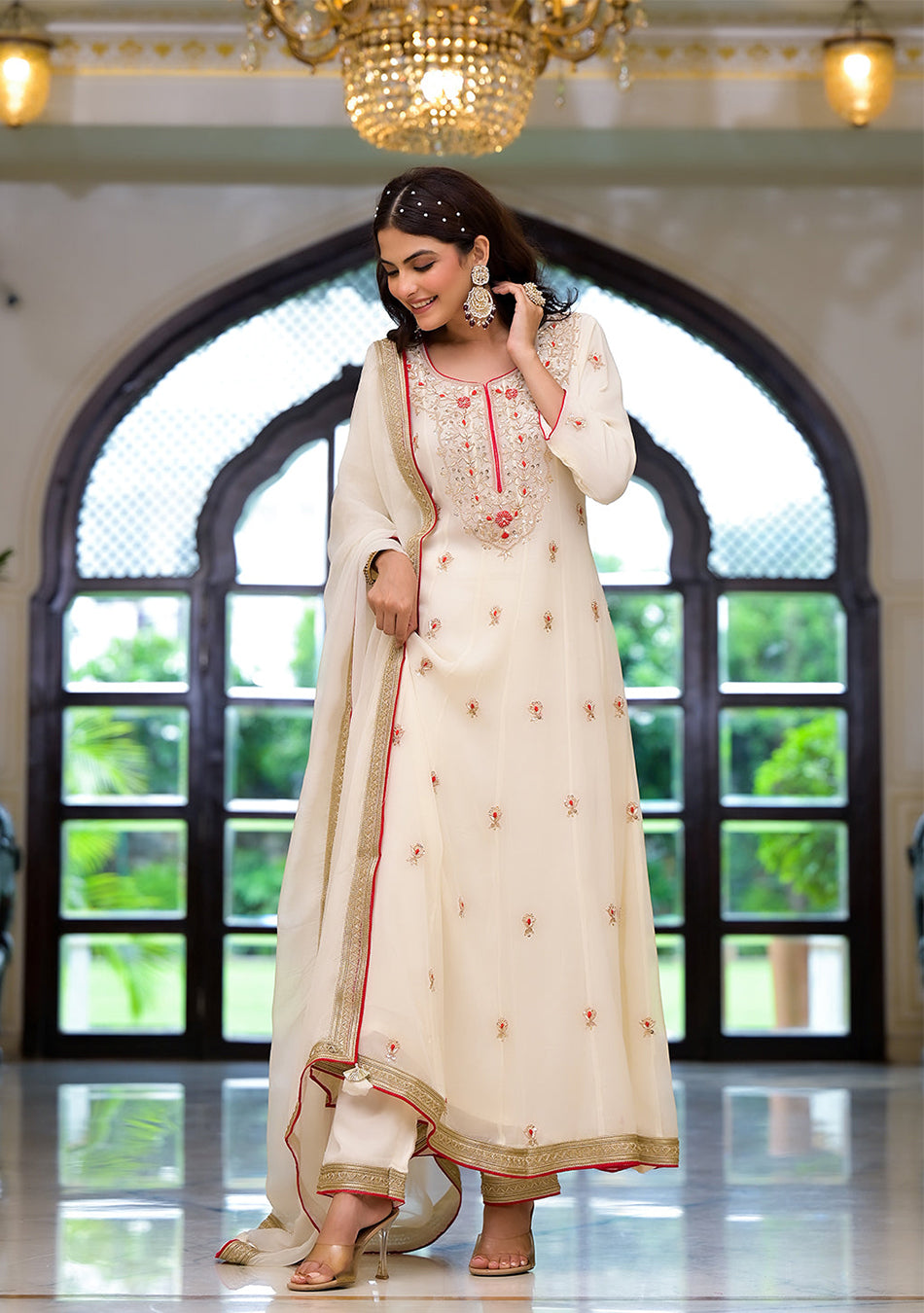 Cream Embroidered Zari Work Georgette  Kurta Set