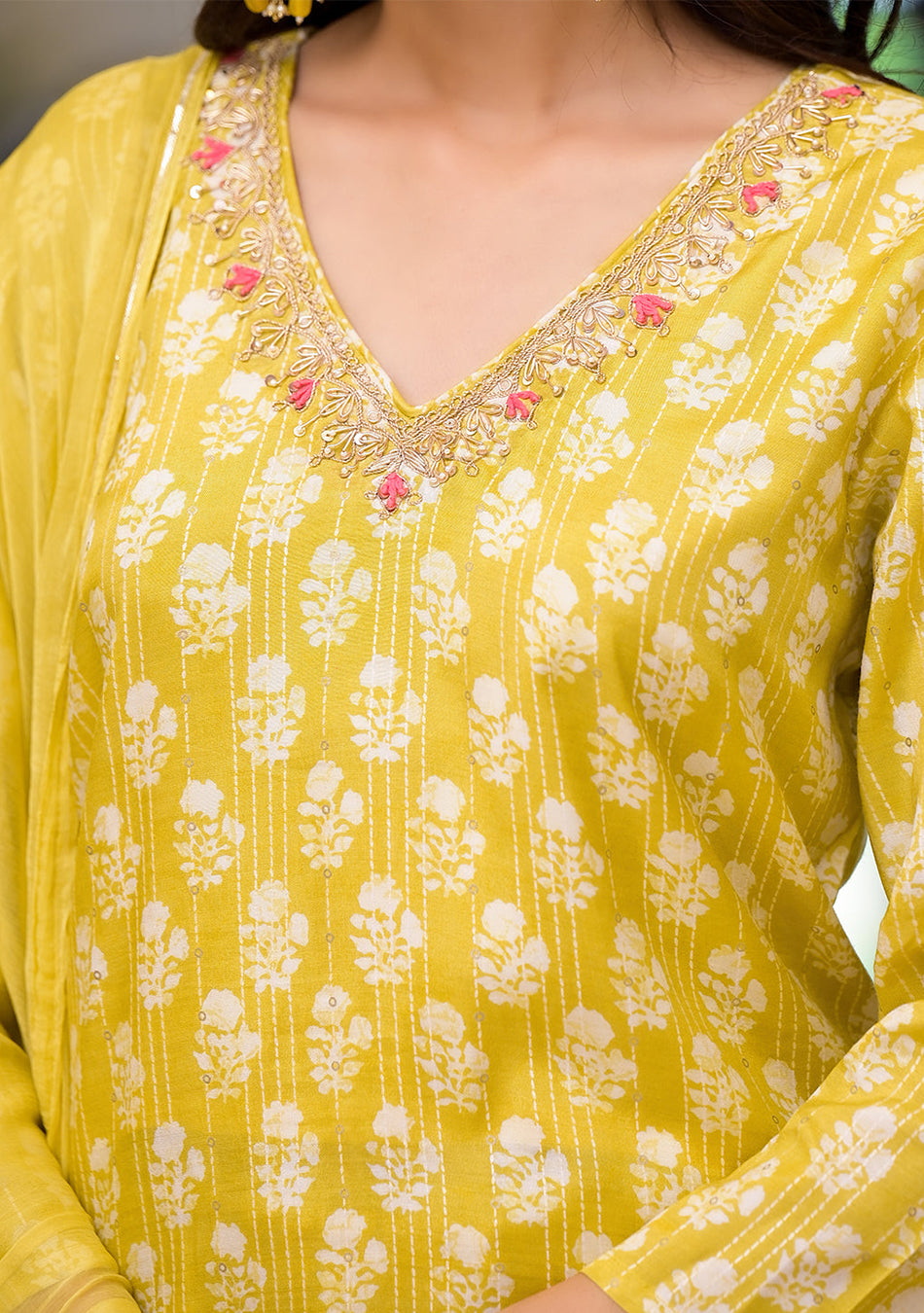 Yellow Printed Muslin Straight Kurta & Trouser with Dupatta