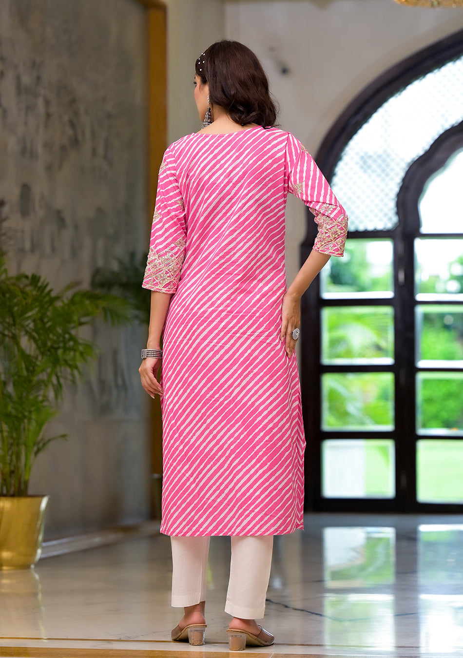 Pink Leheriya Print Embroidered Pure Cotton Straight Kurta