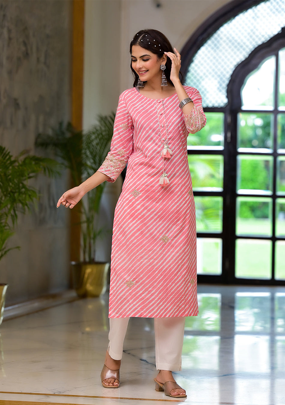 Peach Leheriya Print Embroidered Pure Cotton Straight Kurta