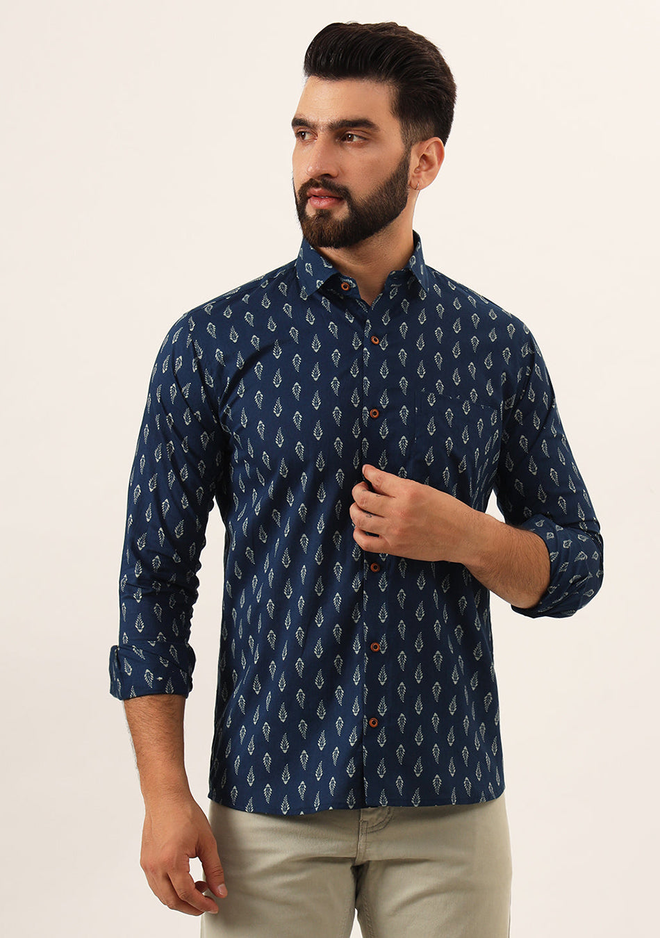 Indigo blue Floral Print Pure Cotton Regular Fit Casual Shirt