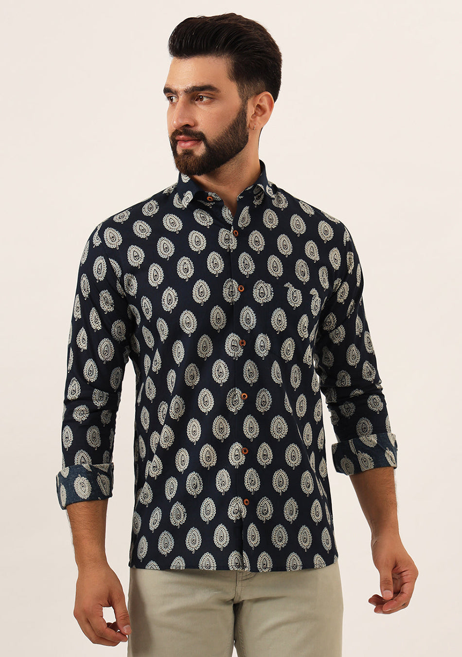 Navy Blue Printed Pure Cotton Regular Fit Casual Shirt