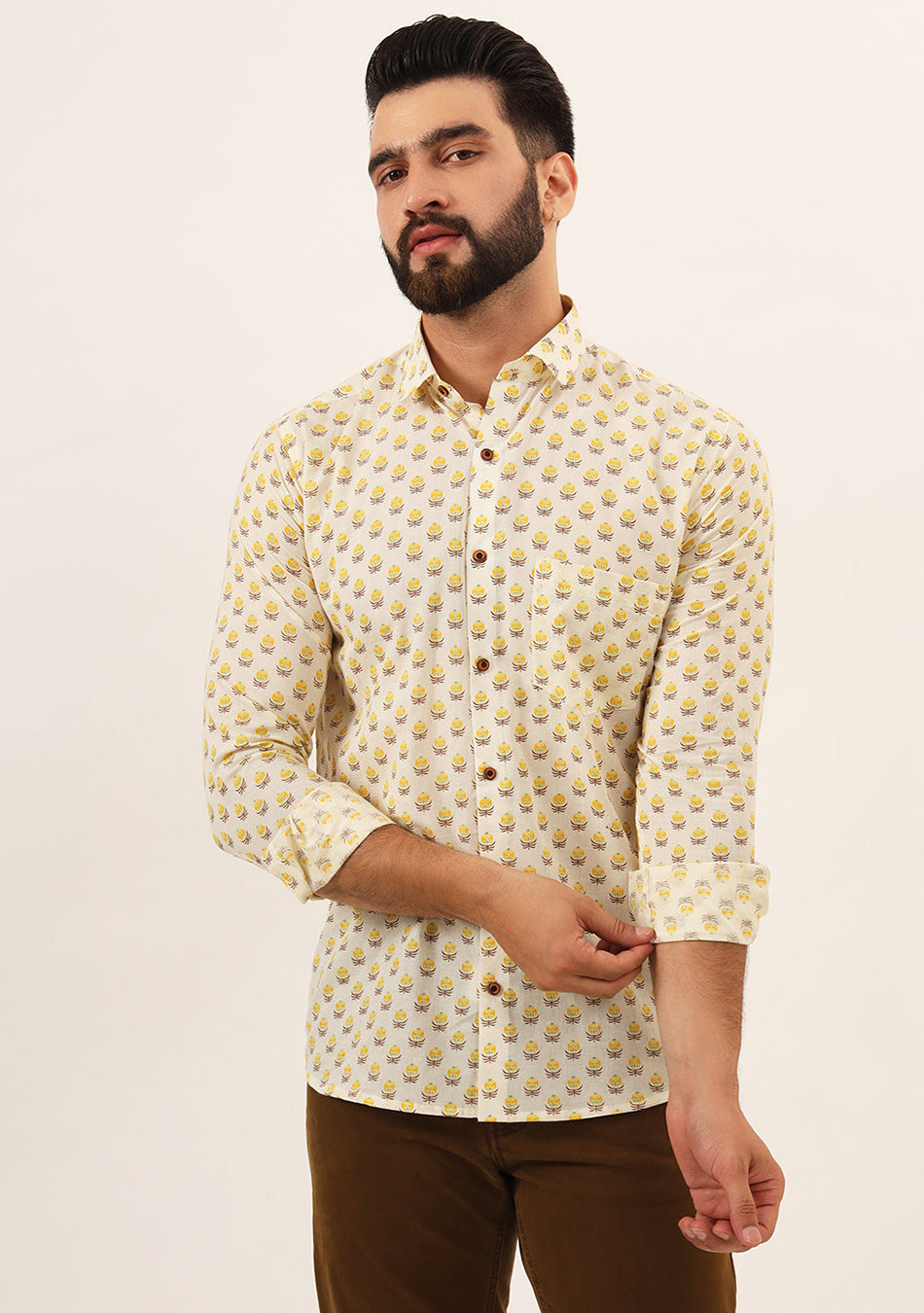 Yellow Floral Print Pure Cotton Regular Fit Casual Shirt