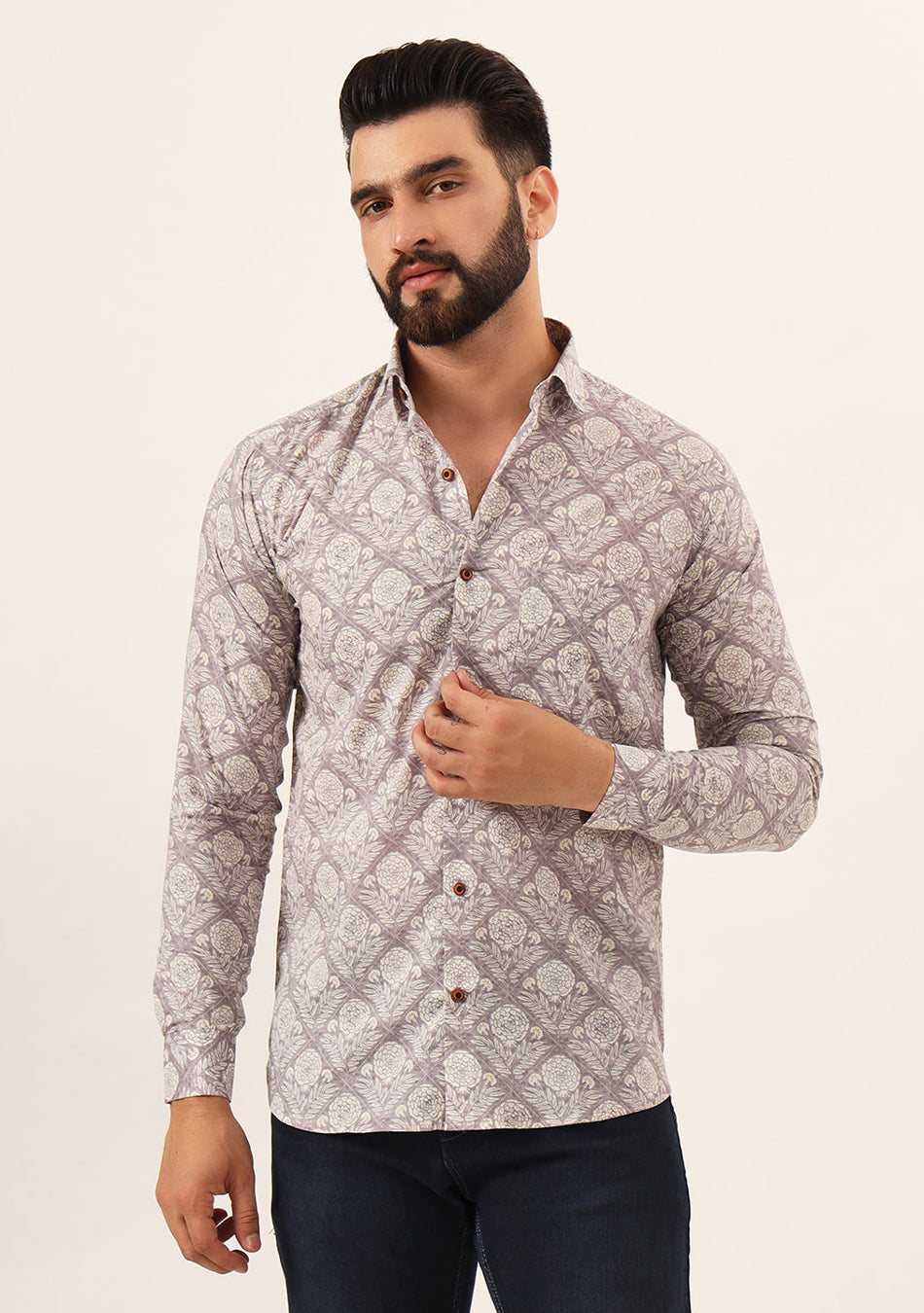 Lavender Geometric Pure Cotton Regular Fit Casual Shirt