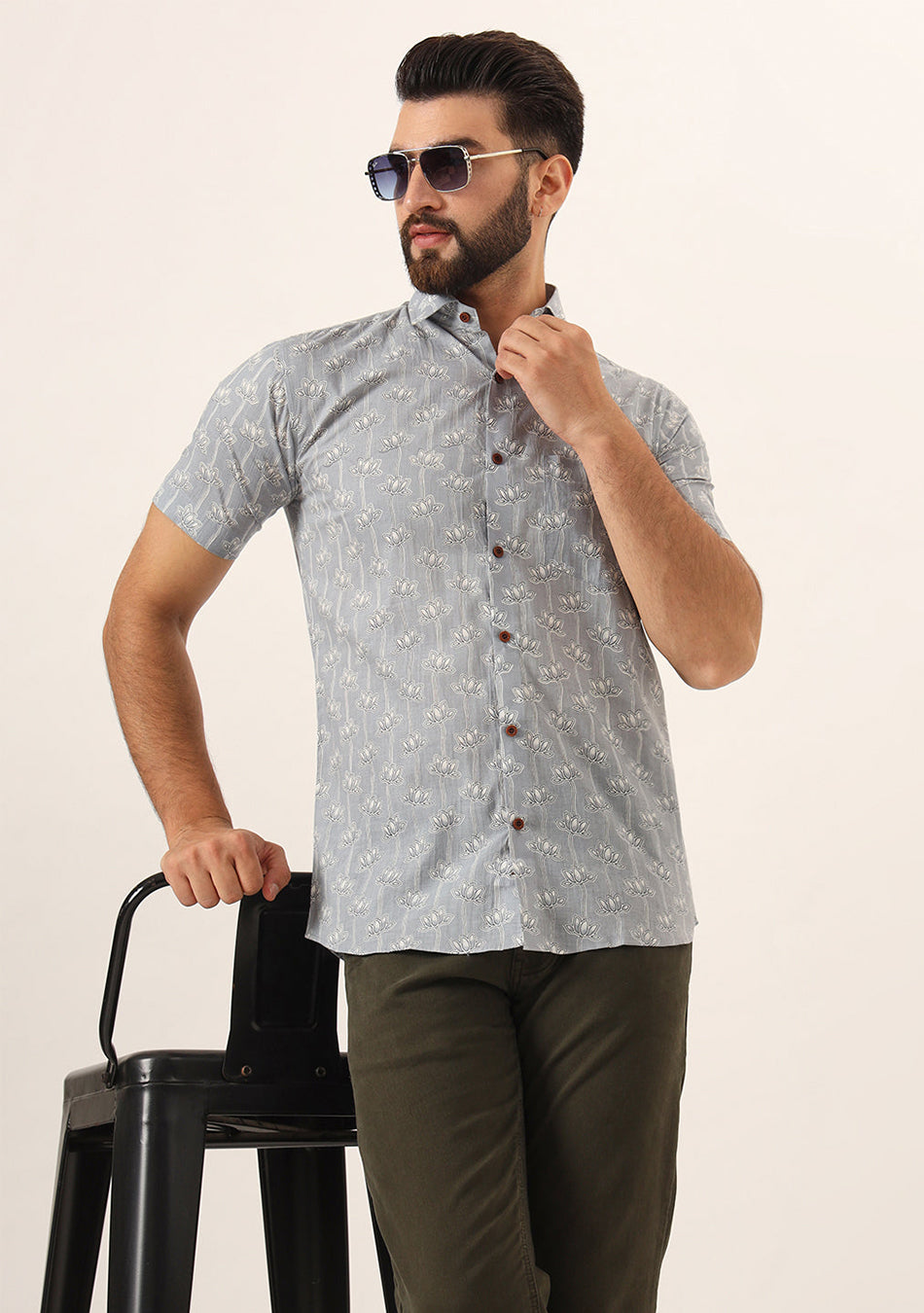 Grey Printed Pure Cotton Regular Fit Casual Shirt for Men