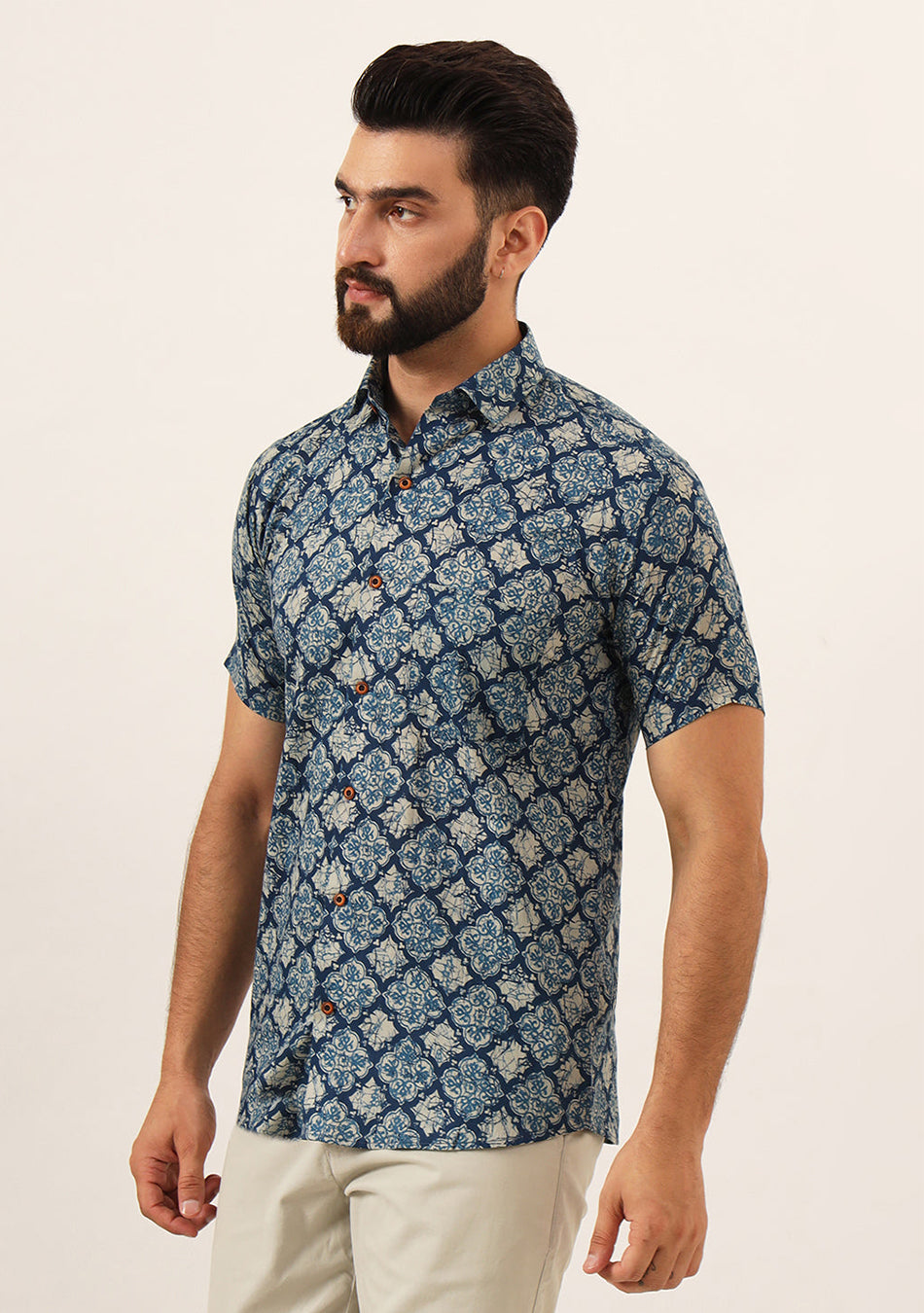 Blue Geometric Pure Cotton Regular Fit Casual Shirt