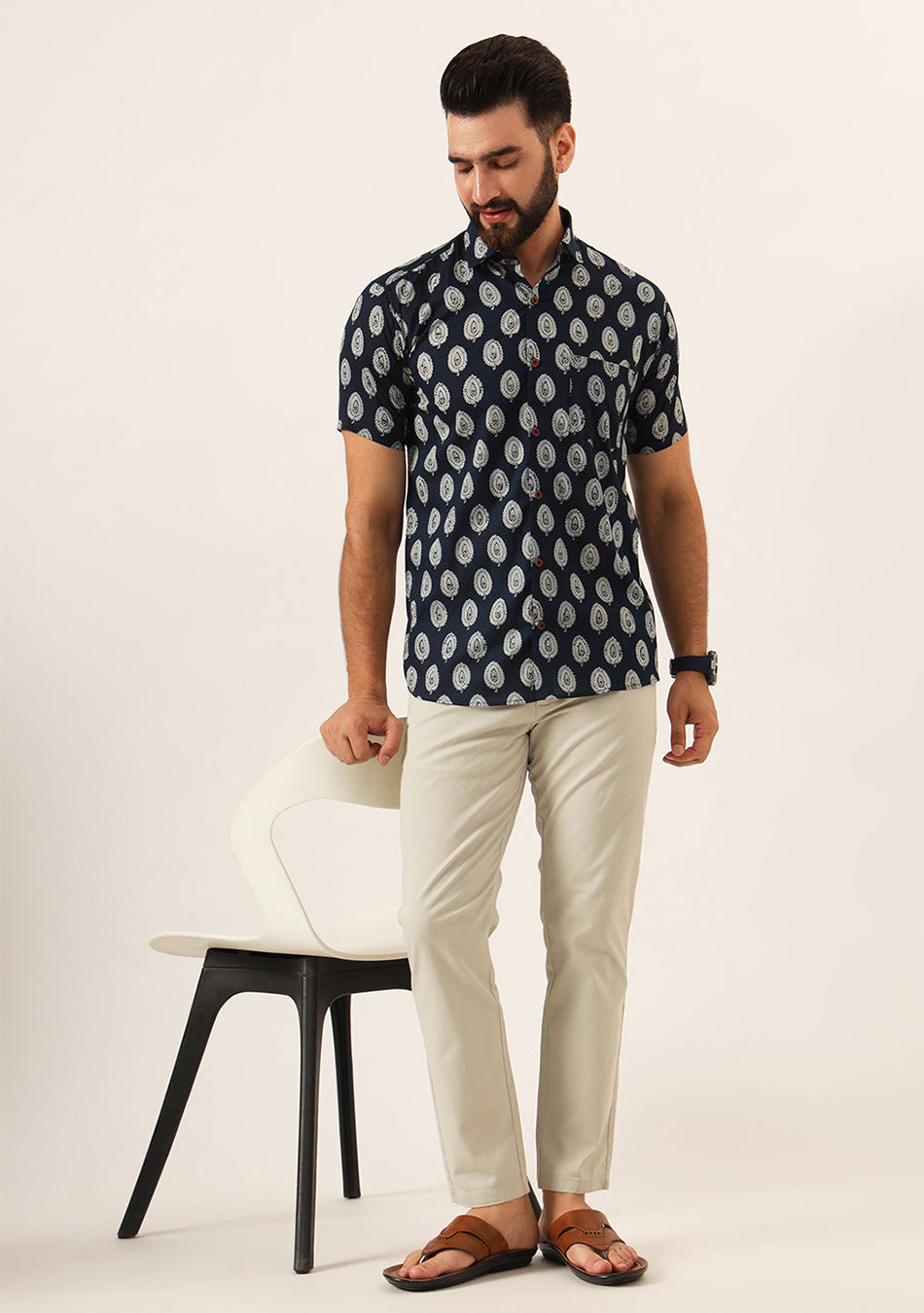 Navy Blue Floral Print Pure Cotton Regular Fit Casual Shirt