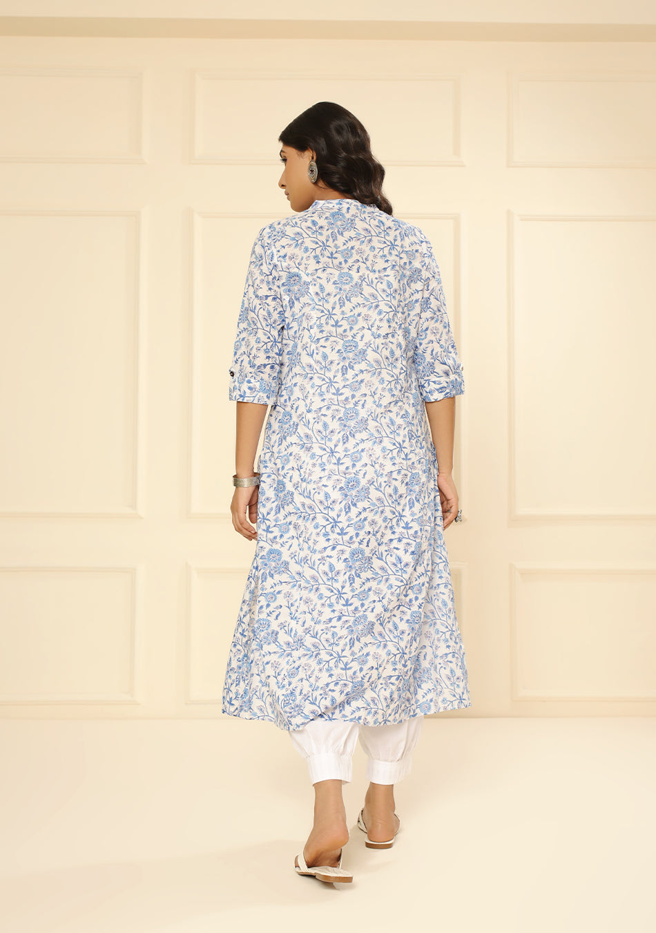 Hand block White Blue Floral Print Kurta