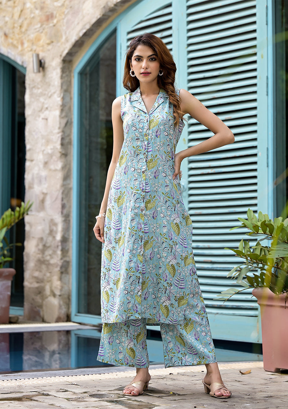 Sky Blue Floral Printed A-Line Rayon Kurta Set