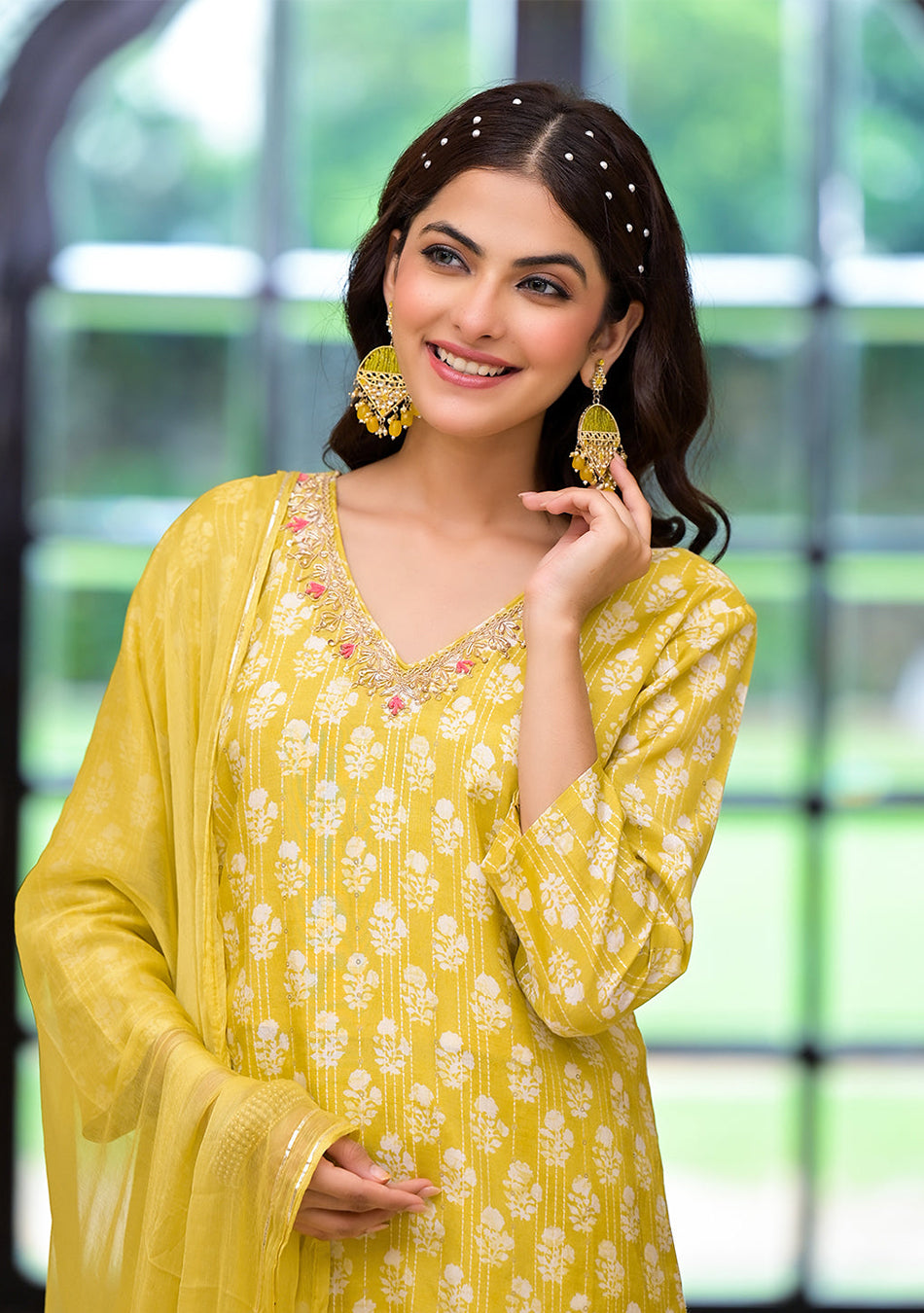 Yellow Printed Muslin Straight Kurta & Trouser with Dupatta