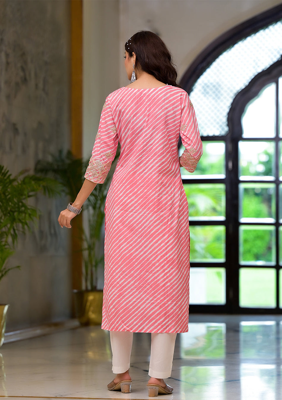 Peach Leheriya Print Embroidered Pure Cotton Straight Kurta