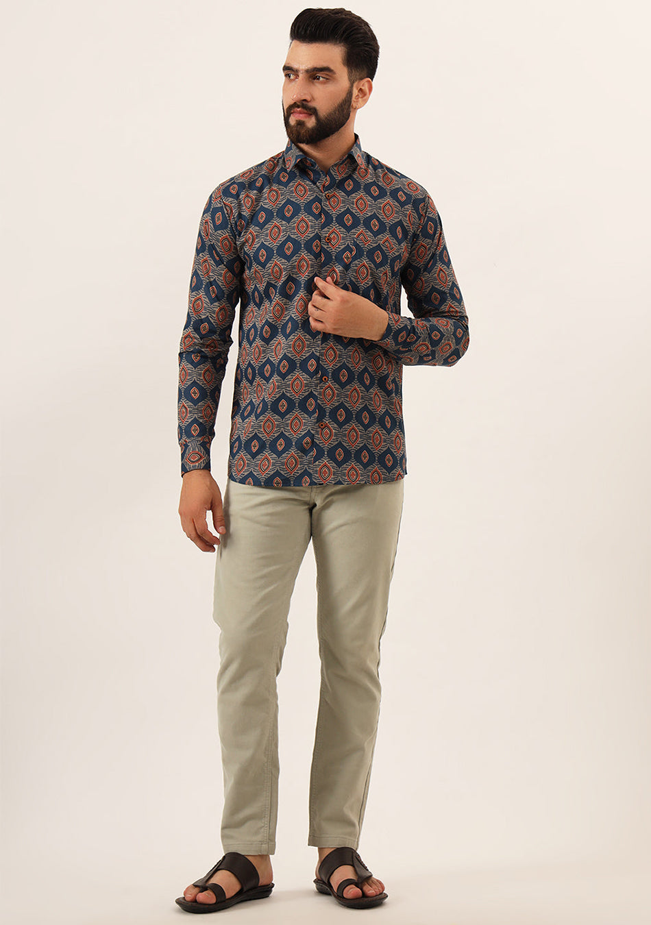 Blue Printed Pure Cotton Regular Fit Casual Shirt