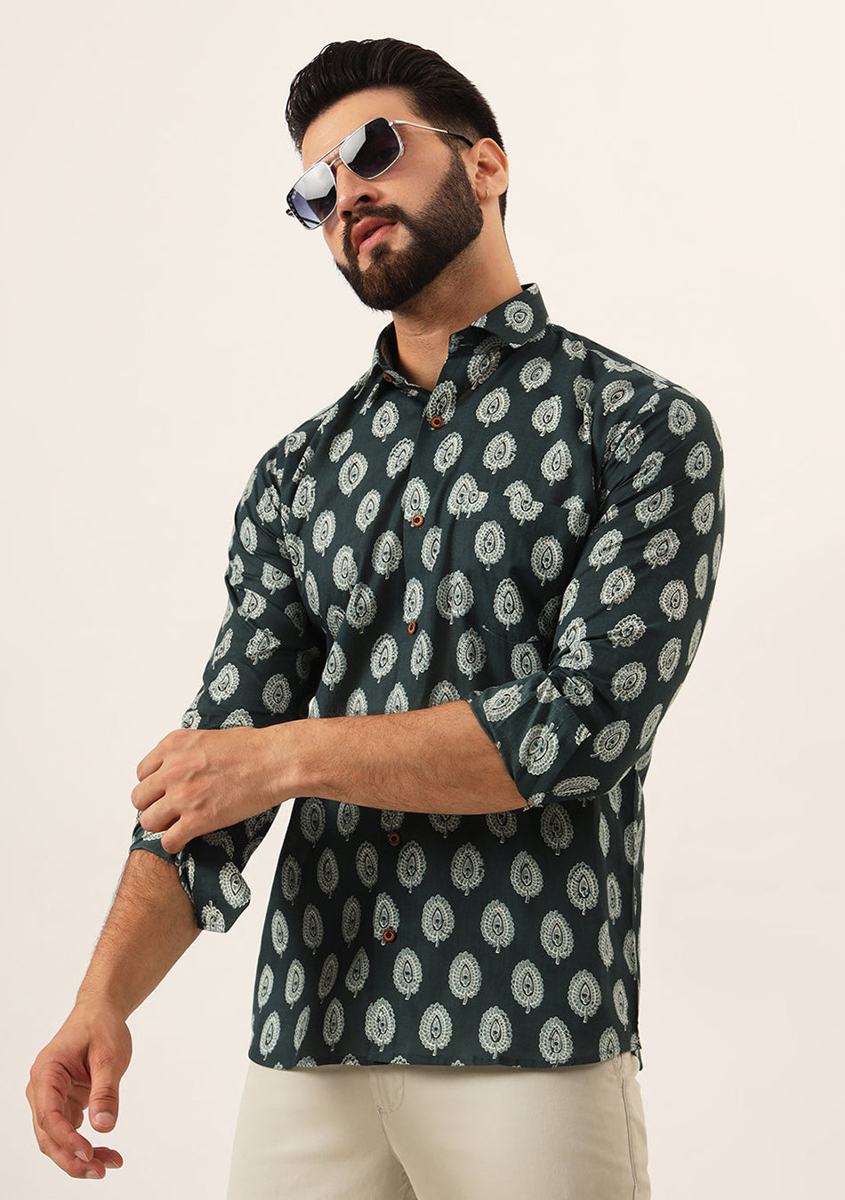 Dark Green Printed Pure Cotton Regular Fit Casual Shirt