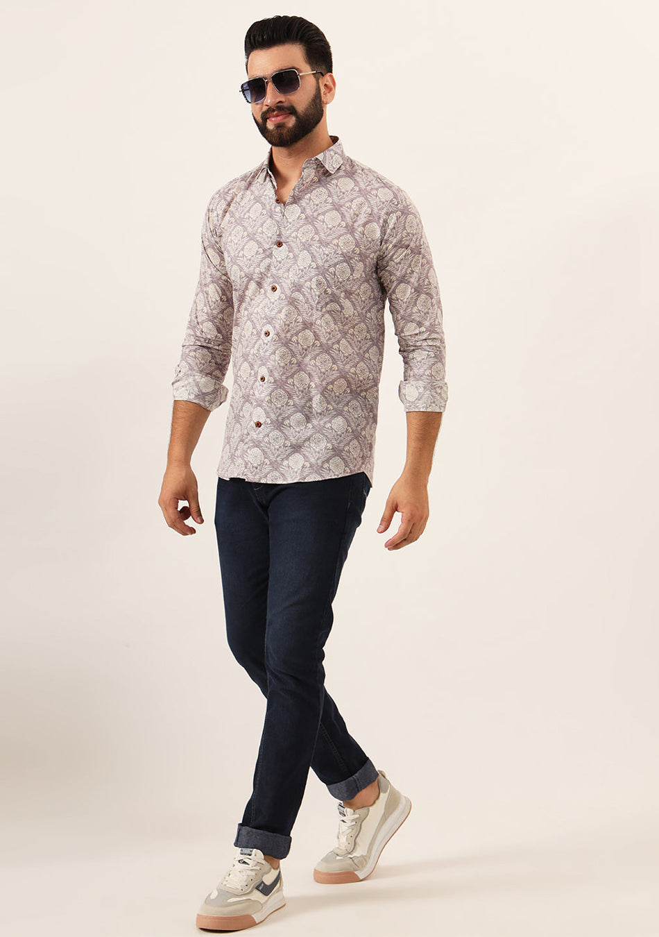 Lavender Geometric Pure Cotton Regular Fit Casual Shirt