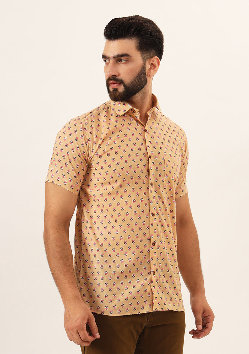 Beige Printed Pure Cotton Regular Fit Casual Shirt