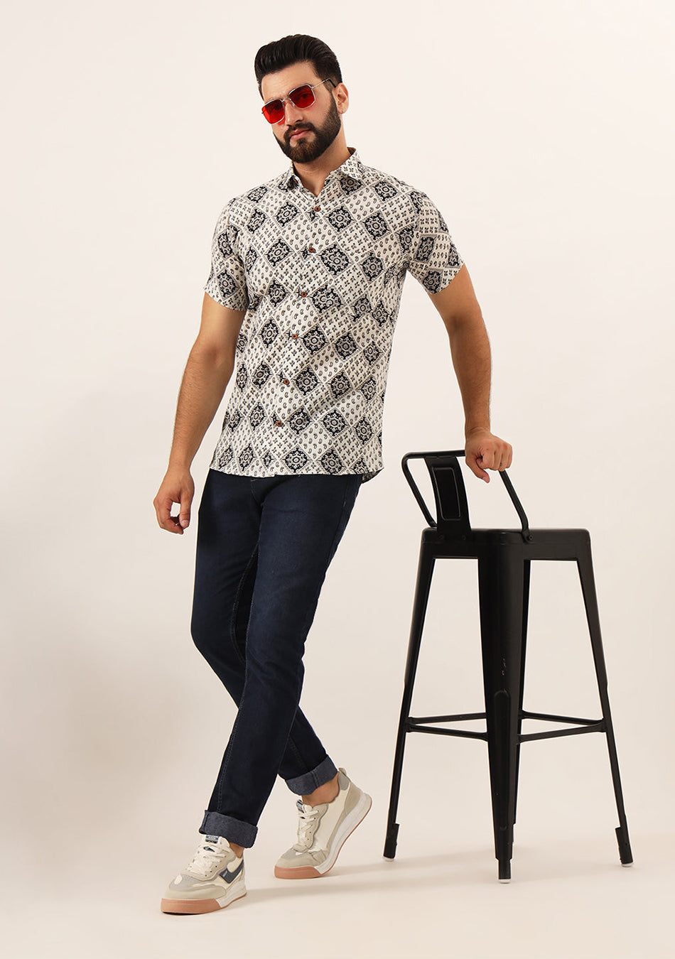 White Geometric Pure Cotton Regular Fit Casual Shirt