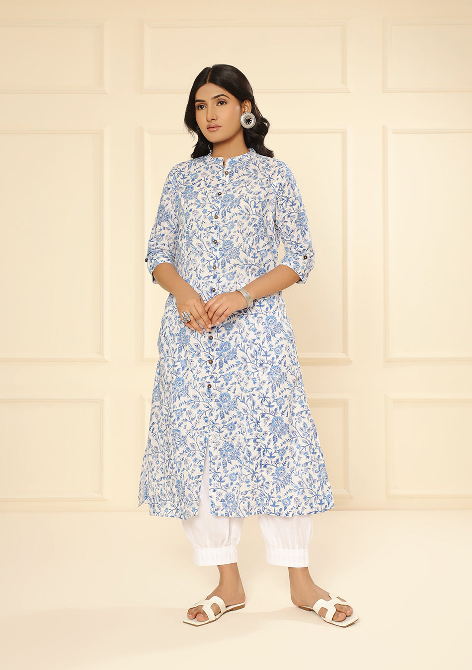 Hand block White Blue Floral Print Kurta